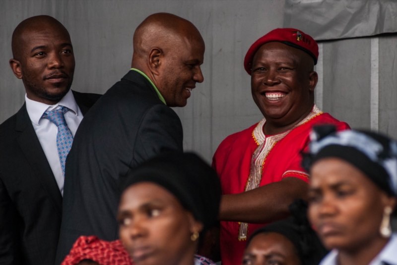 Mmusi Maimane, Joseph Mathunjwa and Julius Malema during the commemoration rally of the second anniversary of the Marikana massacre on August 16, 2014 in Rustenburg. Picture: Gallo Images