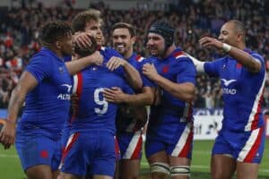 France celebrate a try against England