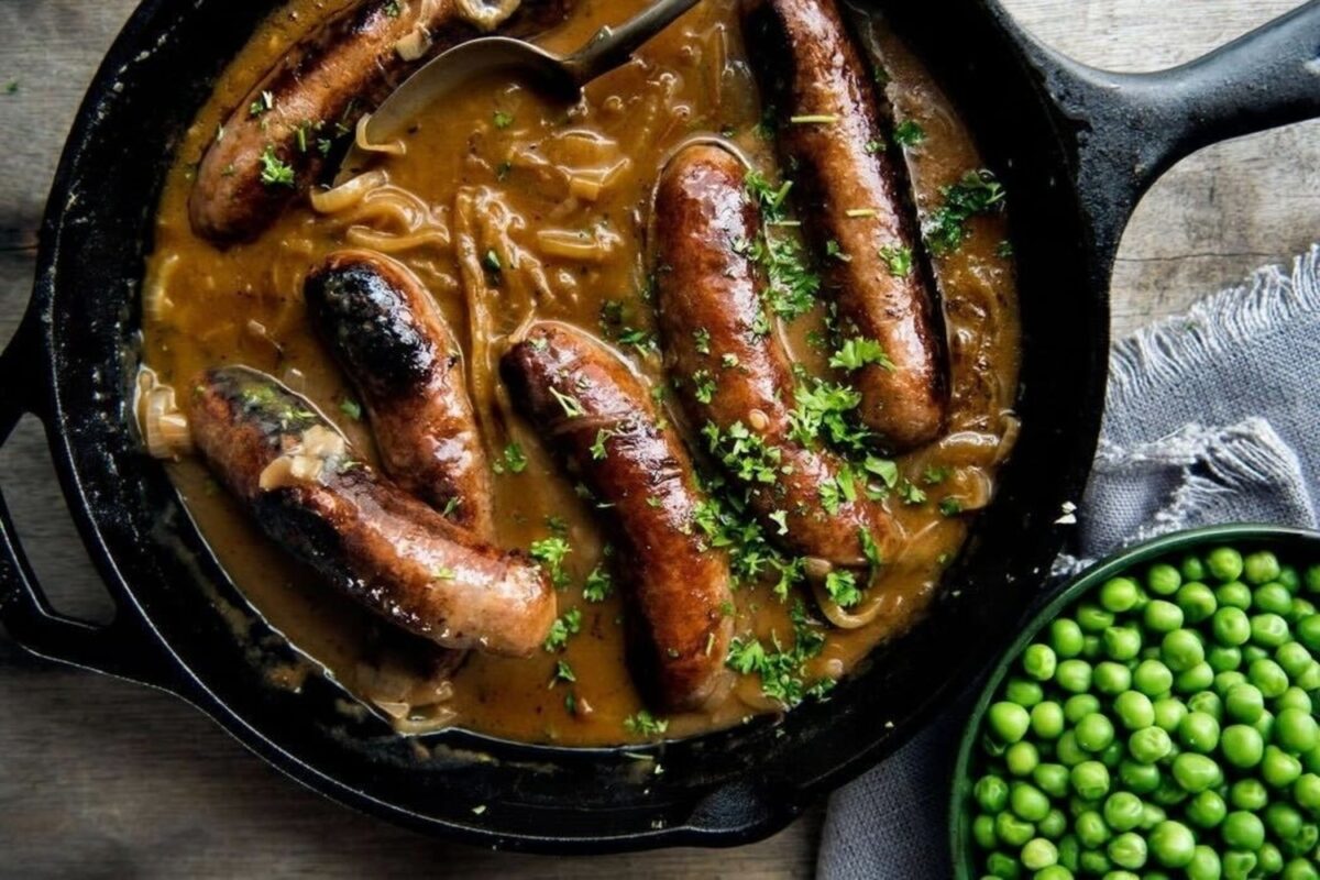 Recipe of the day Marmalade baked sausages with a pea salad