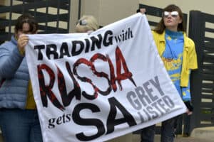 A group of protestors from the Ukrainian Association of South Africa UAZA) protest outside the Holiday Inn in Sandton, 20 July 2022 as the Russian international business mission takes place inside. Picture: Neil McCartney / The Citizen