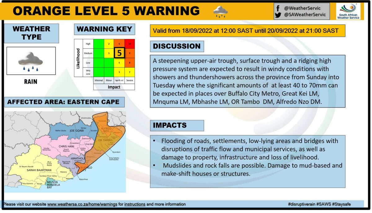 Disruptive rain and flooding expected in parts of the Eastern Cape