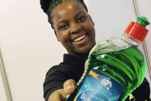 21-Year-old Asanda Zondi from Durban University of Technology debuts her Siqalosisha dishwashing liquid.