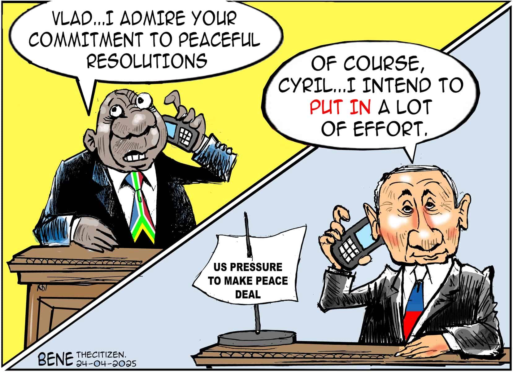 Cyril Ramaphosa and Putin chat cartoon