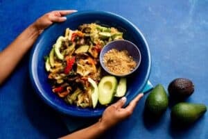 Balsamic roast veggies with penne and avocado