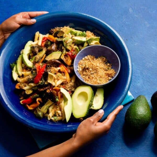 Balsamic roast veggies with penne and avocado