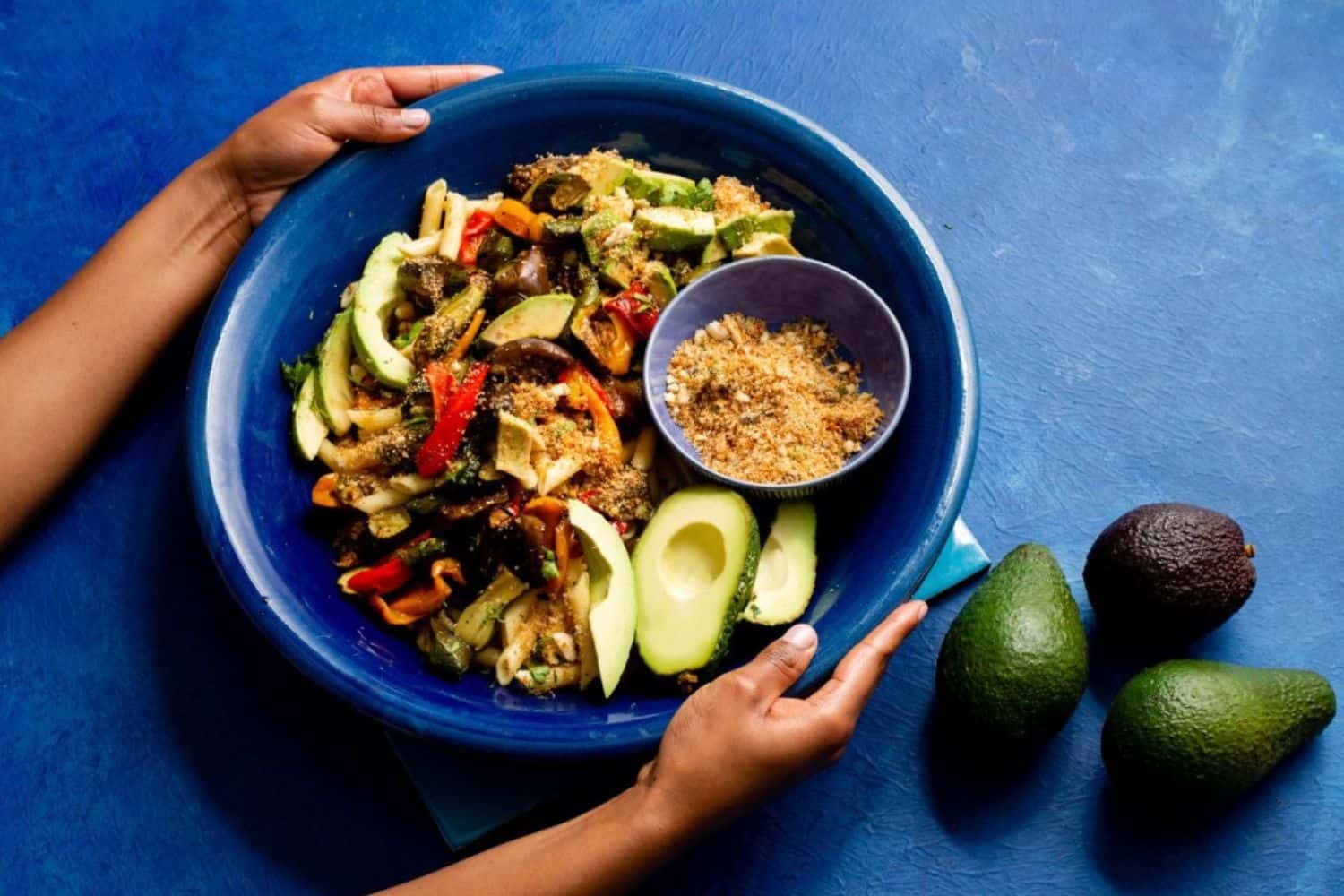 Balsamic roast veggies with penne and avocado
