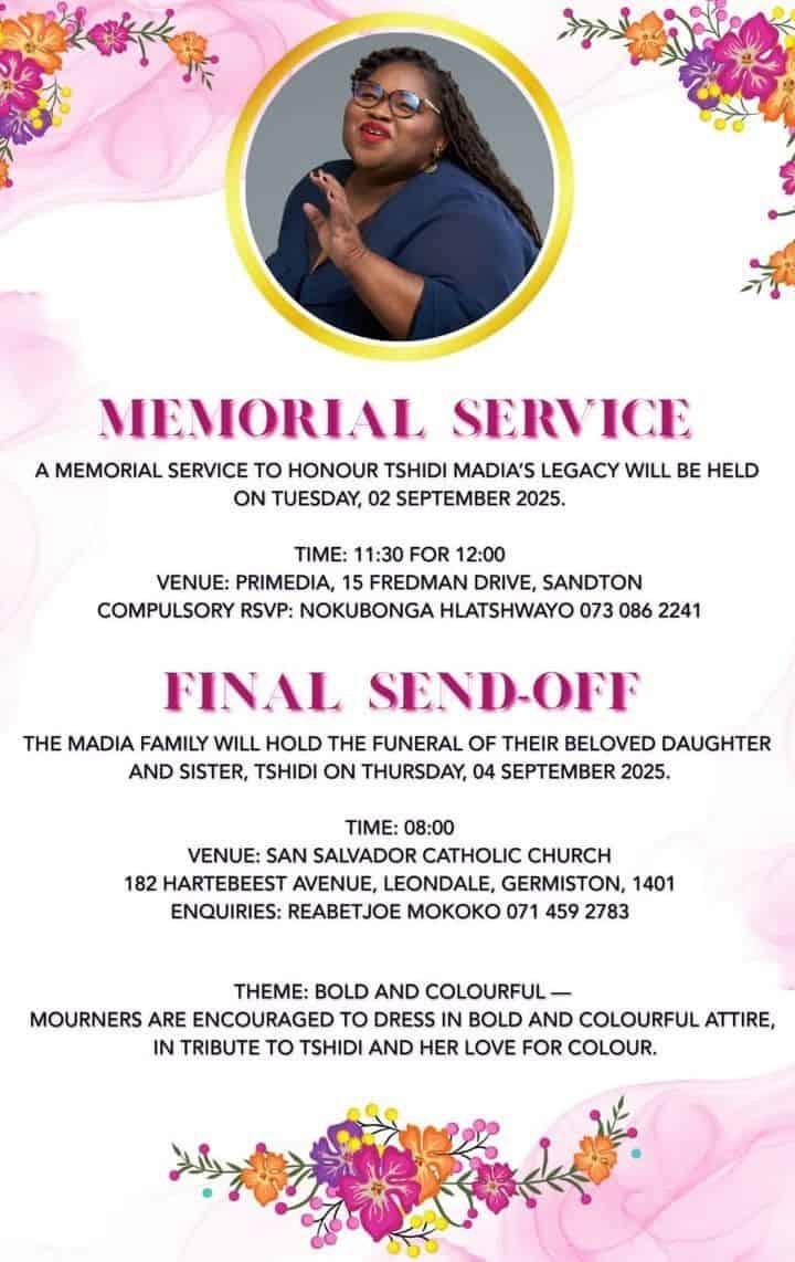 Memorial and funeral arrangements of journalist Tshidi Madia