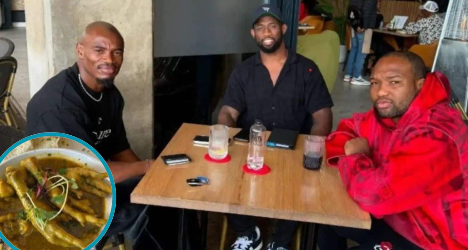 Springbok captain Siya Kolisi eats chicken feet with Springboks Lukhanyo Am and Mampimpi
