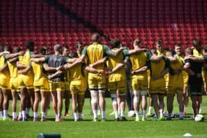 Springbok rugby team in a huddle