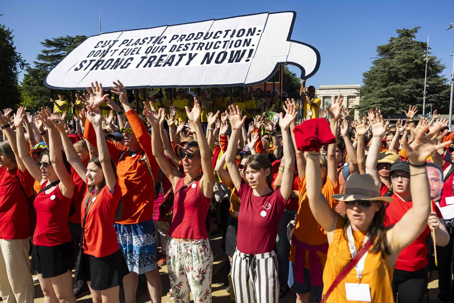 Protest outside the UN in Geneva ahead of Plastics Treaty negotiations