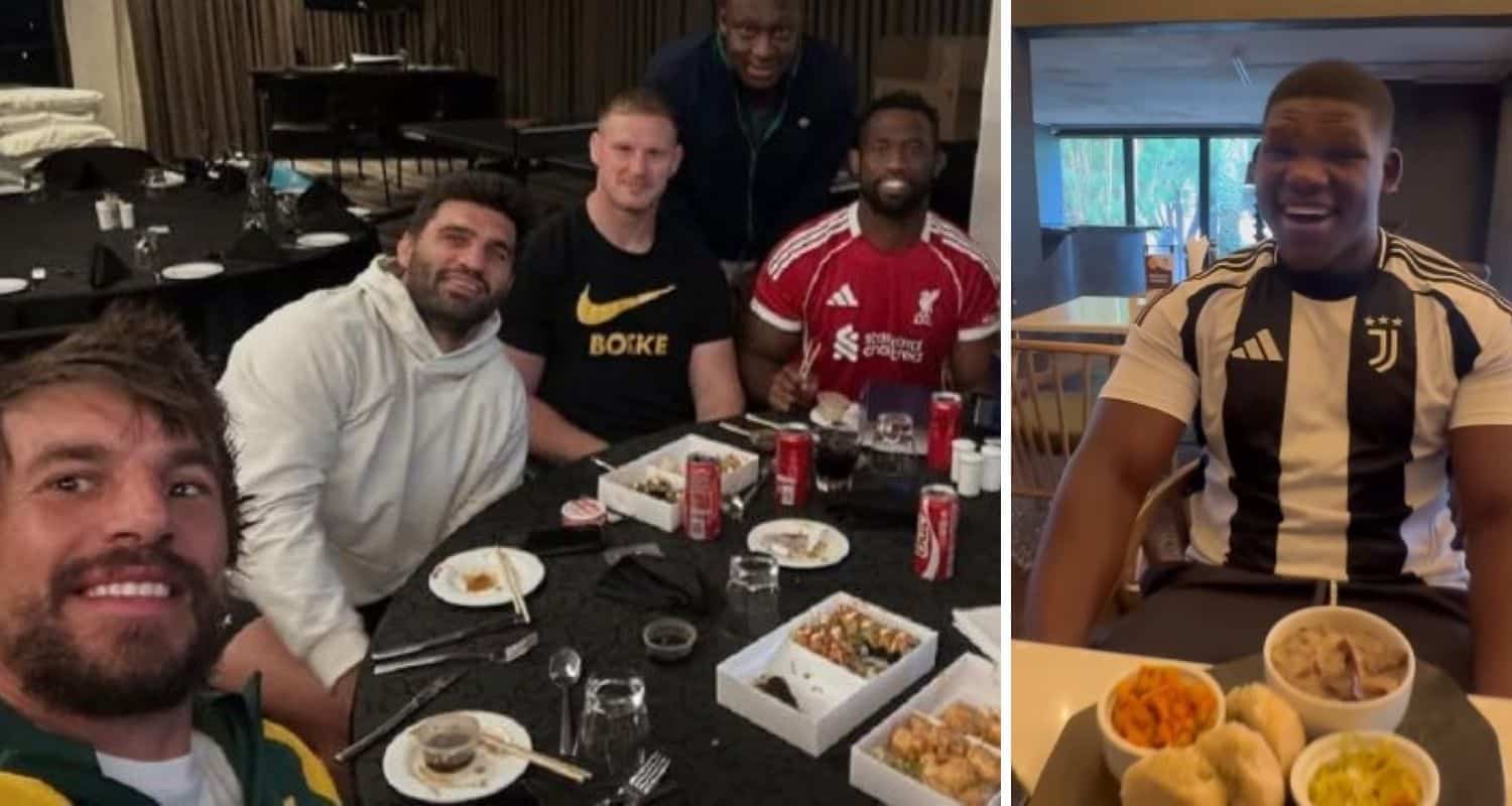 Springbok Siya Kolisi Springboks Eben Etzebeth Damian Allende eating sushi; junior Bok Batho Hlekani