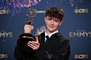British actor Owen Cooper poses in the press room with the award for Outstanding Supporting Actor in a Limited or Anthology Series or Movie for "Adolescence" during the 77th Primetime Emmy Awards at the Peacock Theatre at LA Live in Los Angeles on 14 September 2025. Picture: Frederic J. Brown / AFP