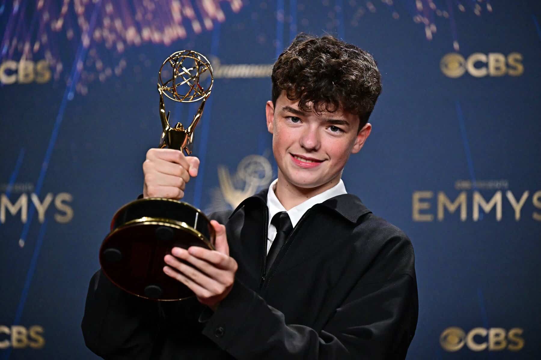 British actor Owen Cooper poses in the press room with the award for Outstanding Supporting Actor in a Limited or Anthology Series or Movie for "Adolescence" during the 77th Primetime Emmy Awards at the Peacock Theatre at LA Live in Los Angeles on 14 September 2025. Picture: Frederic J. Brown / AFP