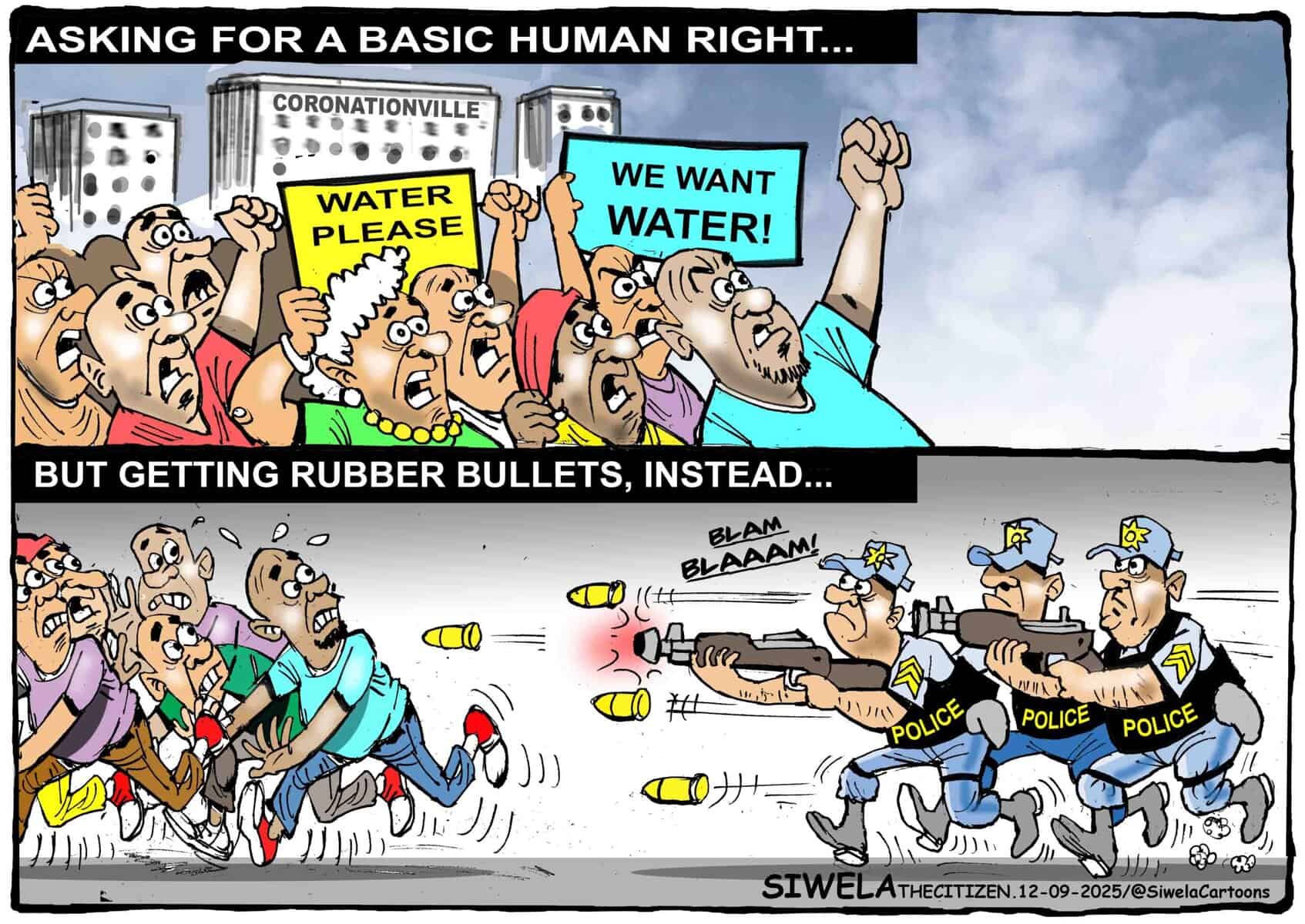 water protests Gauteng cartoon