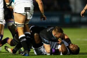Matt Fagerson of Glasgow and Fez Mbatha of the Sharks were involved in a scuffle during their last match at Scotstoun