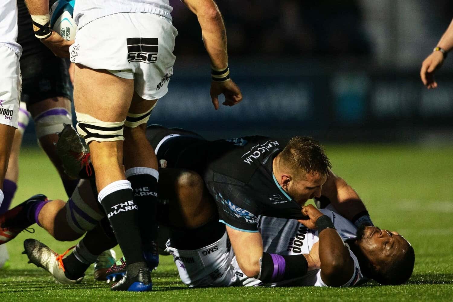 Matt Fagerson of Glasgow and Fez Mbatha of the Sharks were involved in a scuffle during their last match at Scotstoun
