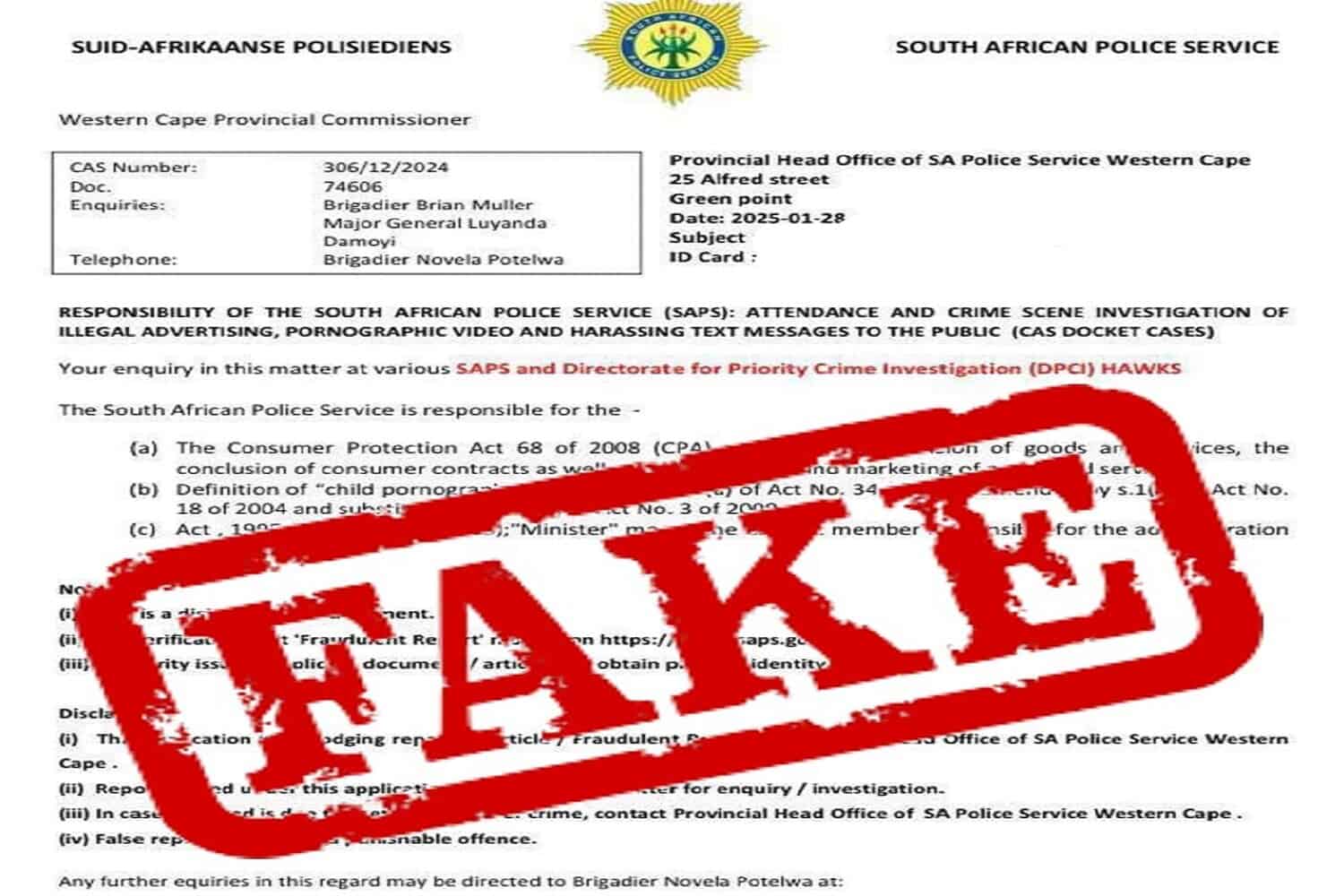 Saps warns public of vishing scam misusing police name