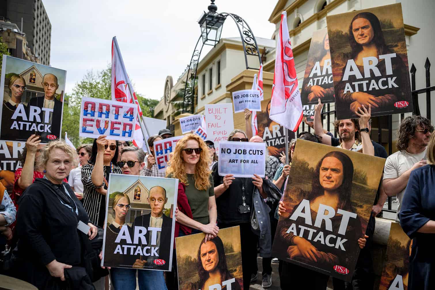 Art gallery workers stage a protest outside NSW Parliament in Sydney