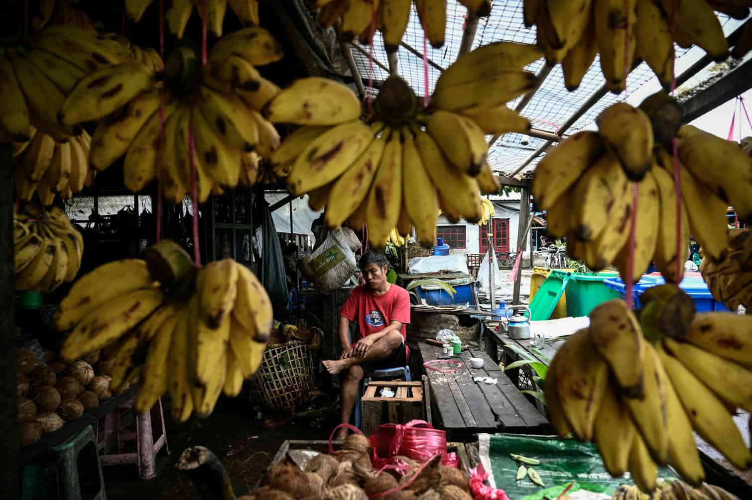 A vendor sits behind bananas