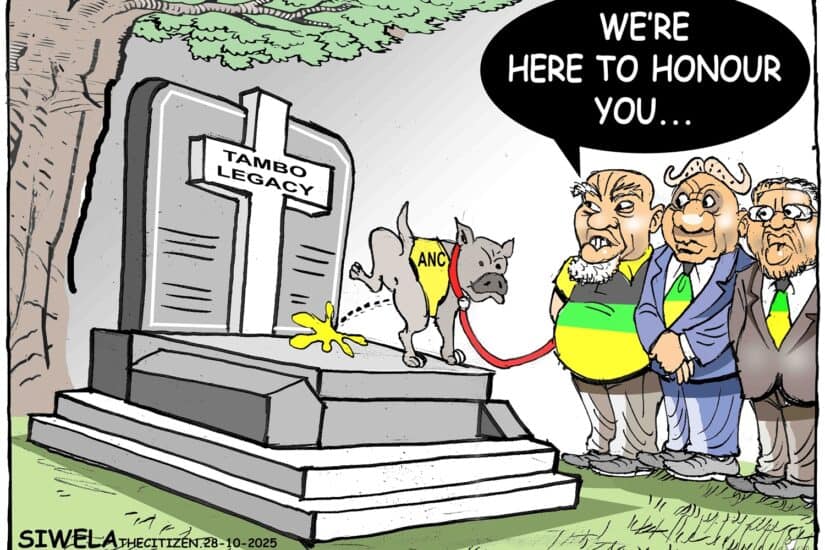Cartoon of ANC dog weeing on OR Tambo's grave