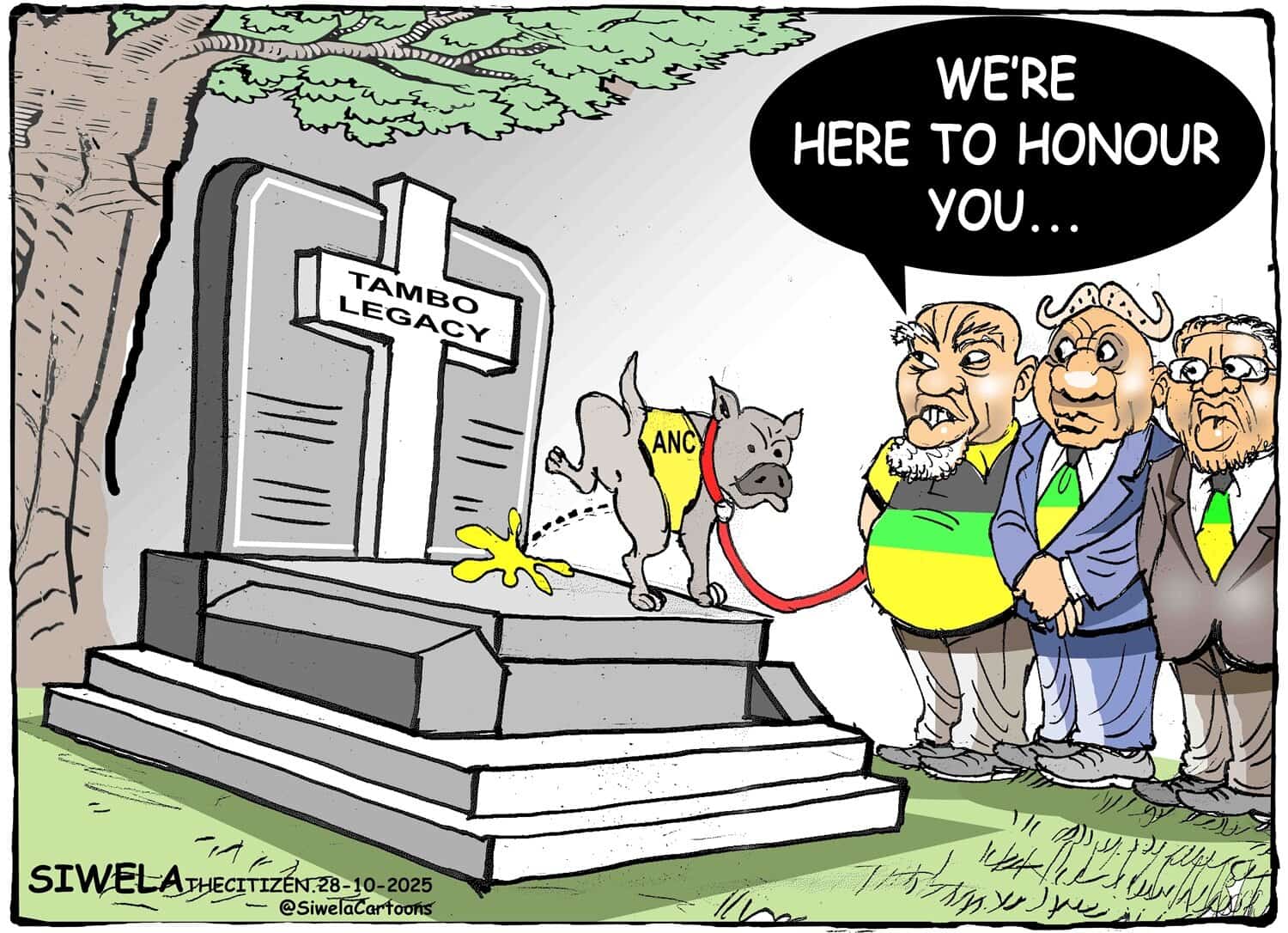 Cartoon of ANC dog weeing on OR Tambo's grave