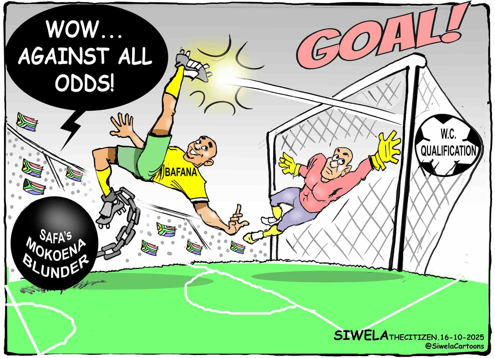 Cartoon showing Bafana Bafana scoring despite safa