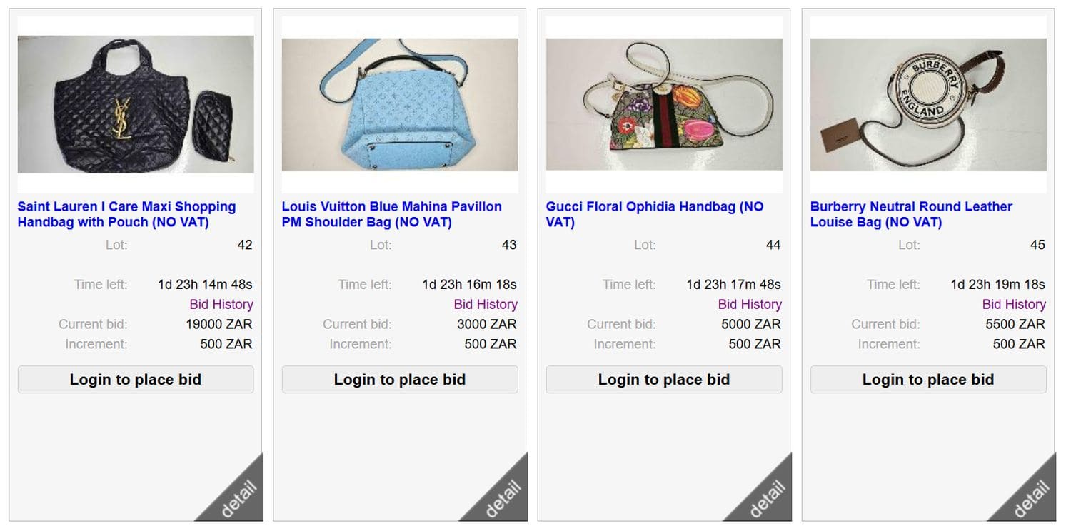 Some of MaMkhize's luxury bags on auction.