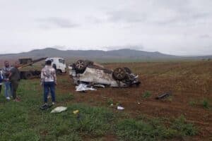 Paramedics treat two seriously injured after bakkie overturns on Khambula Road.