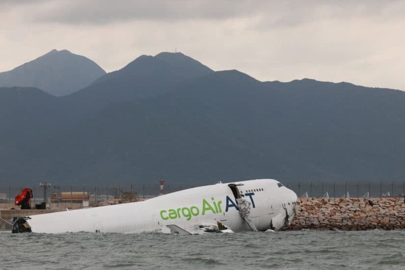 Cargo airplane skids off the runway at Hong Kong International Airport