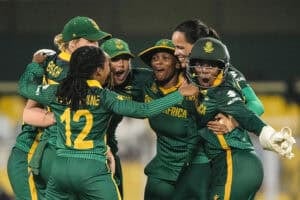 South Africa players celebrate their team's win
