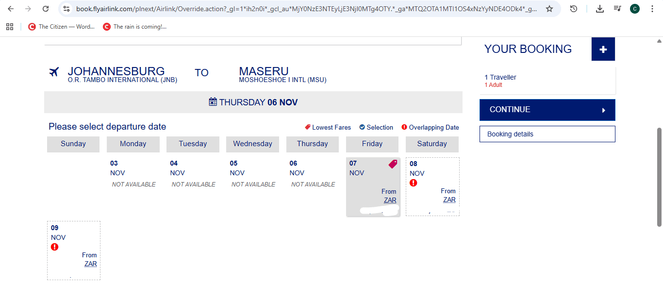 Flights available to Lesotho. Picture: Screenshot