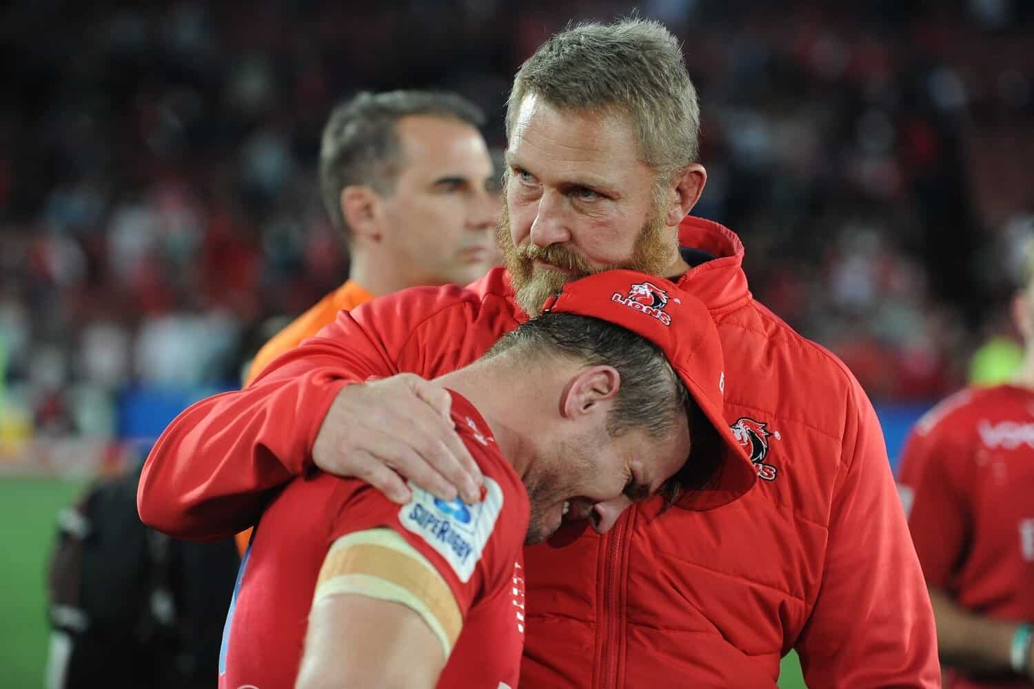 Former Lions coach Johan Ackermann comforts Jaco Kriel after losing to the Crusaders during the 2017 Super Rugby Final at Ellis Park.