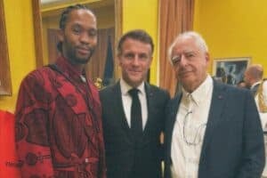 Thebe Magugu, French President Emmanuel Macron and artist William Kentridge.