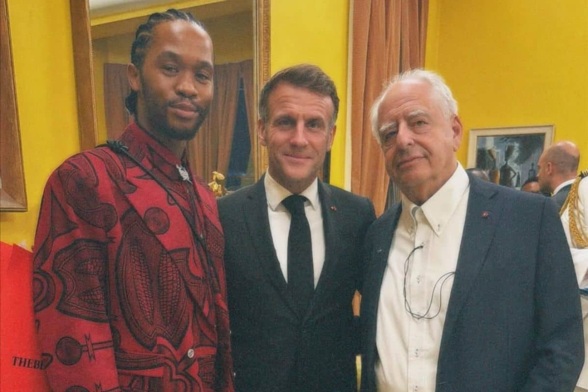 Thebe Magugu, French President Emmanuel Macron and artist William Kentridge.