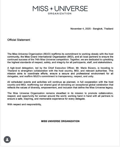 Miss Universe announcement letter ,Picture Instagram 