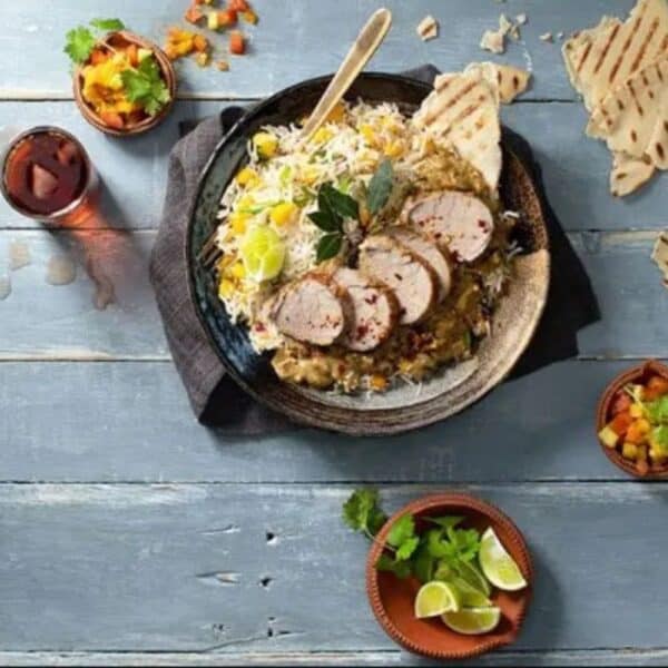 Pork bobotie with mango rice and atchar salad recipe