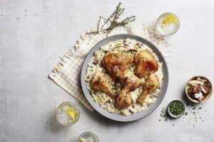 Creamy mushroom and leek rice with crispy chicken recipe