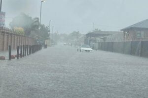 A flooded road in Ravenswood, Boksburg, after rain in November 2025