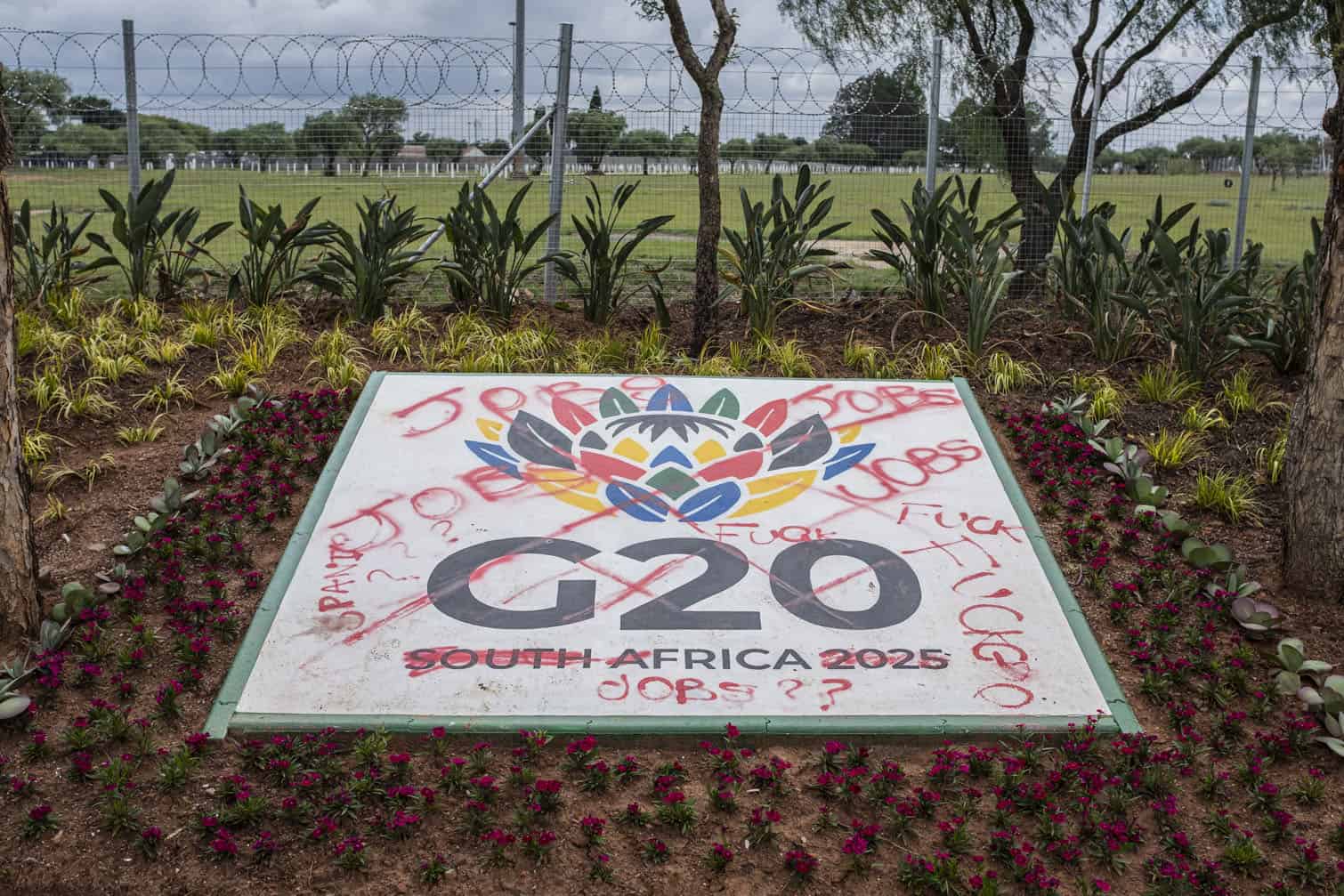 A general view of a vandalised G20 sign