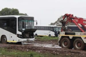 Buses were stranded at the Puma Stadium following heavy rainfall over the weekend.