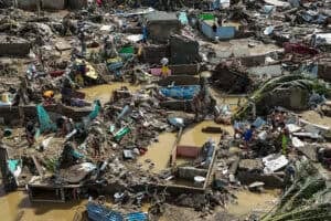 This aerial photo shows damaged houses in the aftermath of Typhoon Kalmaegi