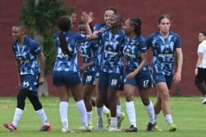 Nompumelelo Nyandeni of JVW FC celebrates goal during the 2025 Hollywoodbets Super League match between JVW FC and UCT at AW Muller Stadium in Johannesburg on 08 November 2025.