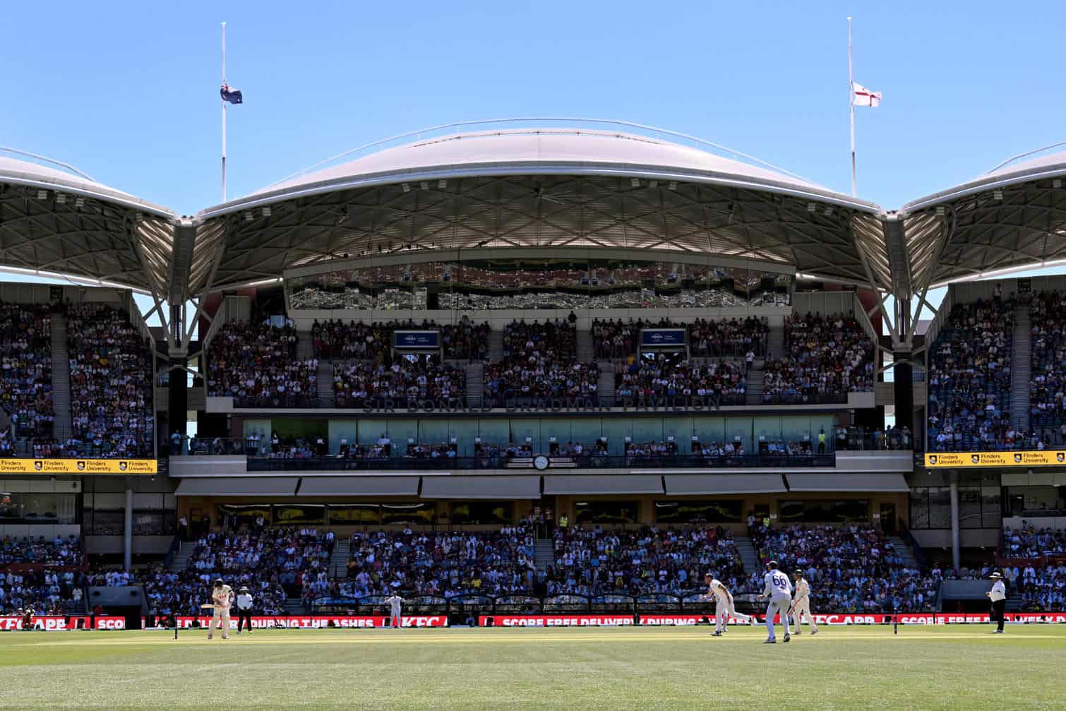 Flags fly at half-mast on the first day of the third Ashes cricket Test match