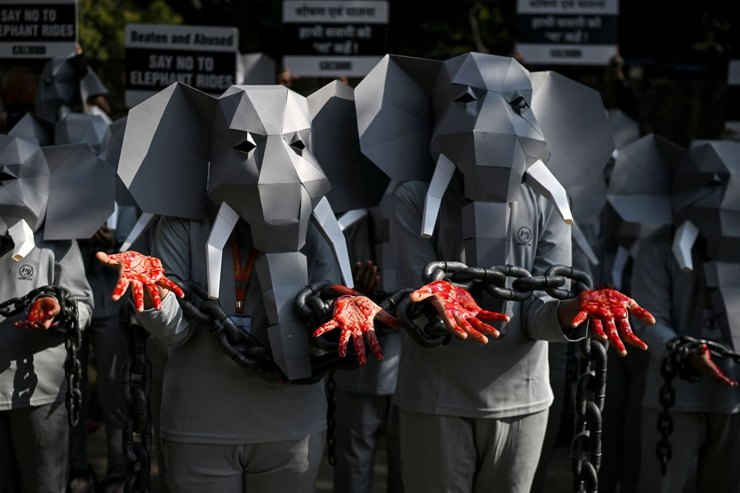 PETA demonstrators dressed as chained elephants