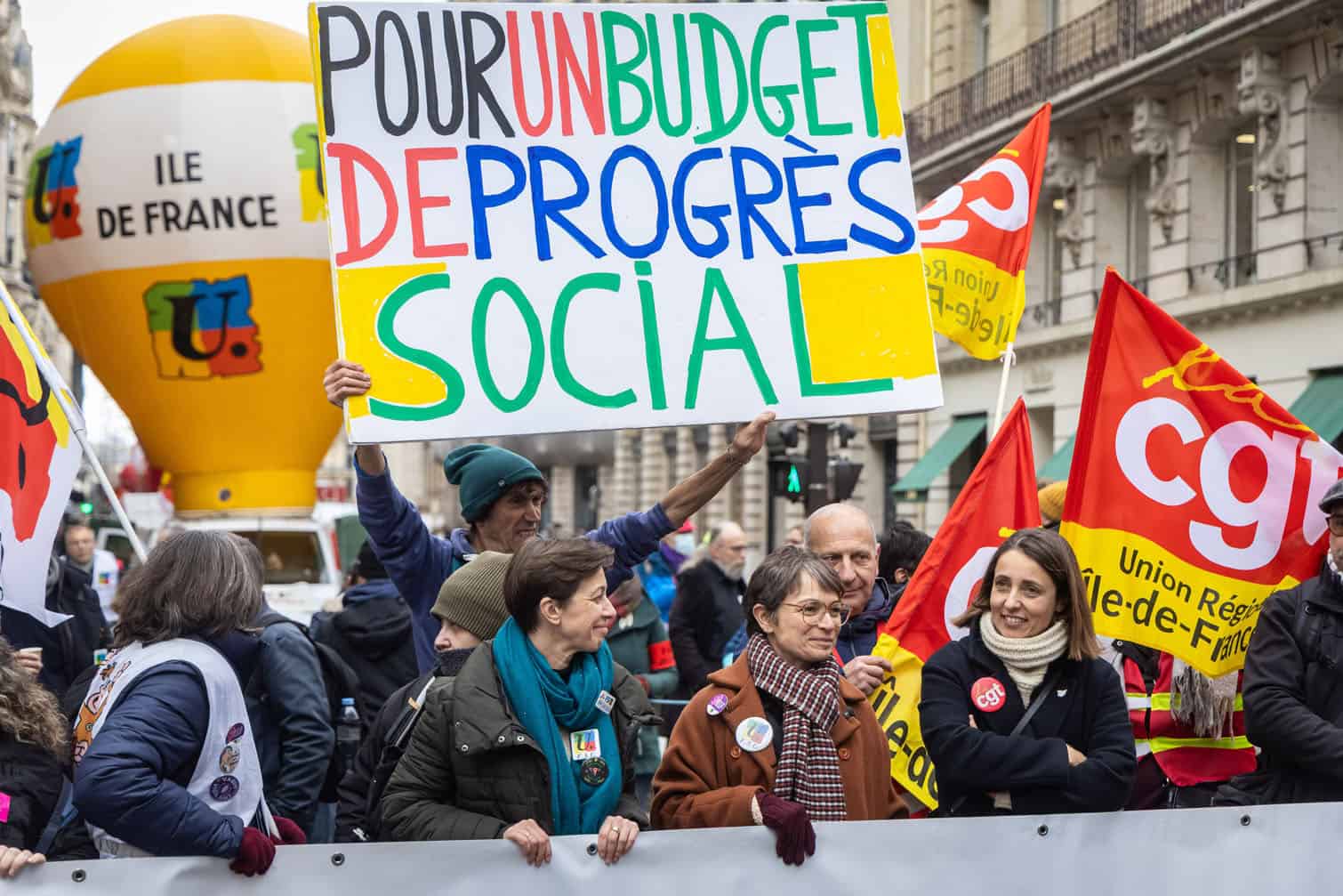 French unions demontrate against government budget preparation in Paris