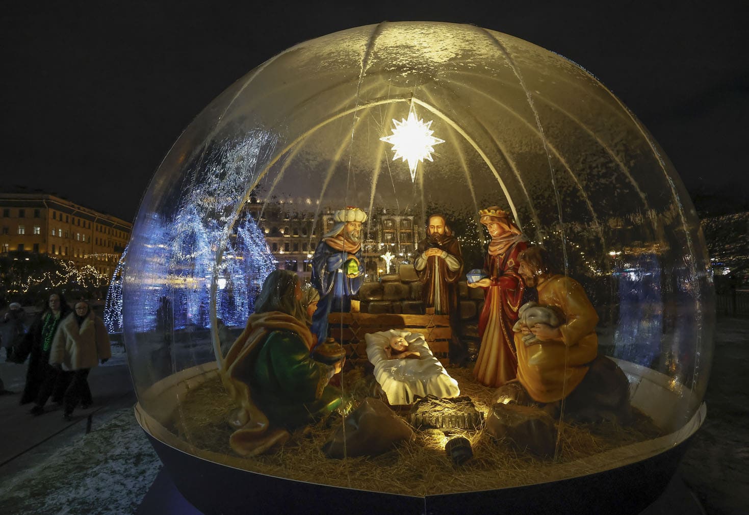 Illuminated Christmas decorations are on display in St. Petersburg