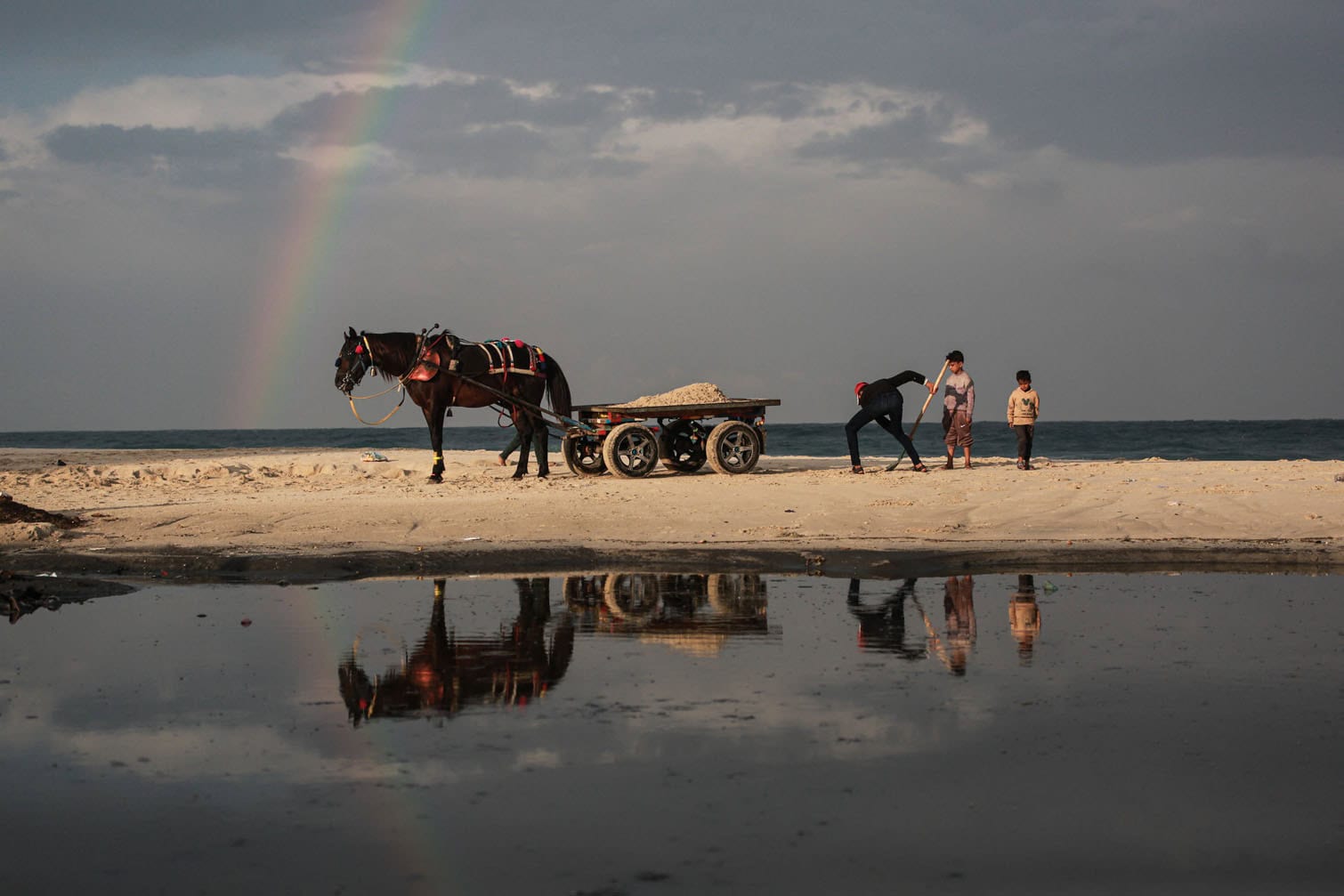 A man loads a horse cart with sand