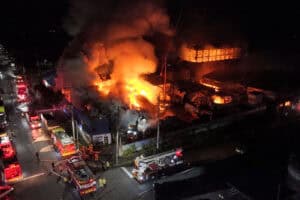 Firefighters battle fire at waste wood fuel facility in Seogwipo