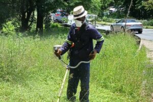 A member of Leonardo Lupini’s team hard at work cutting back overgrown grass and foliage on the Ballyclare Drive Bridge, improving visibility and safety for motorists and pedestrians.