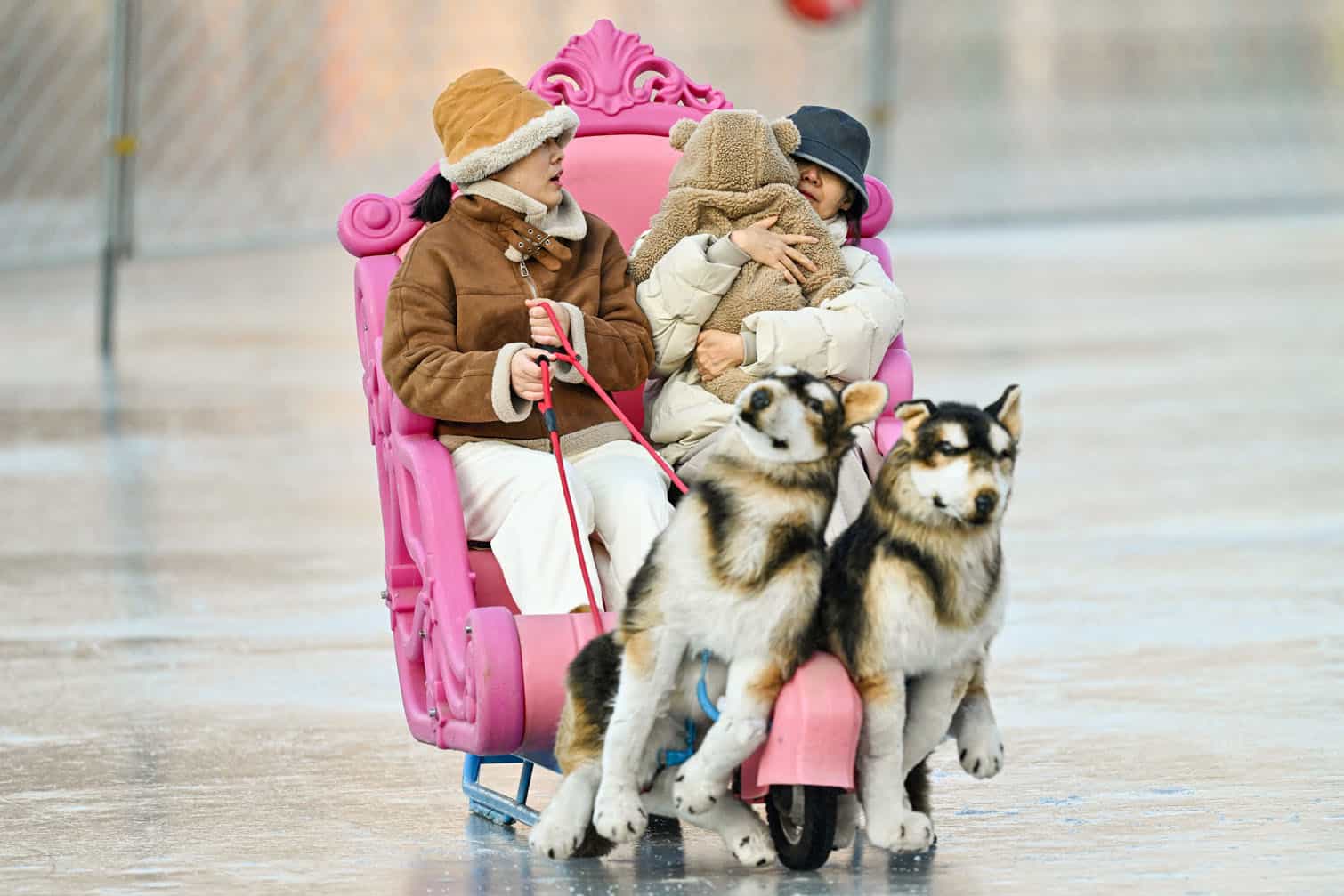 Visitors use a chair-ski with dog figures